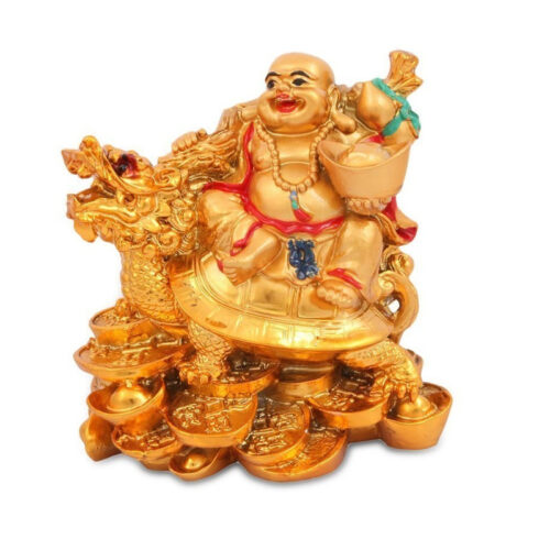 RCW Fengshui Laughing Buddha On Dragon Coin Figurine (7 Cm, Gold)